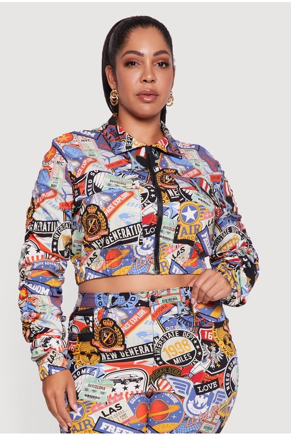 Women's Plus Size Side Ruched Patterned Zip Front Cropped Jacket