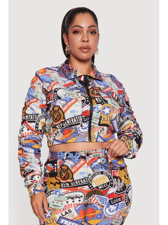 Women's Plus Size Side Ruched Patterned Zip Front Cropped Jacket