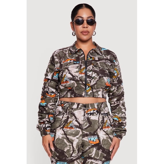 Women's Plus Size Side Ruched Patterned Zip Front Cropped Jacket