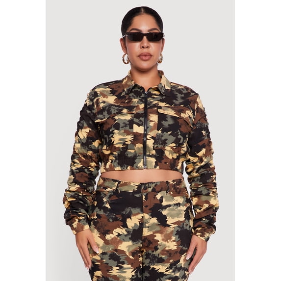 Women's Plus Size Side Ruched Patterned Zip Front Cropped Jacket