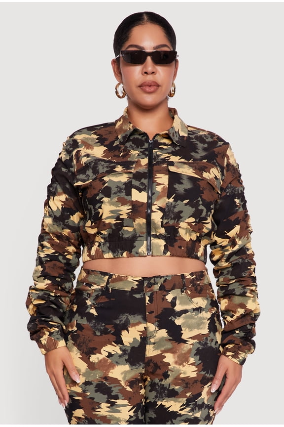 Women's Plus Size Side Ruched Patterned Zip Front Cropped Jacket