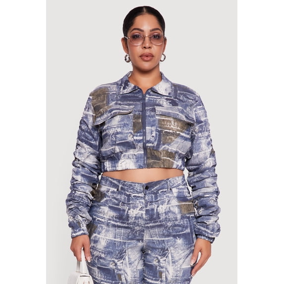 Women's Plus Size Side Ruched Patterned Zip Front Cropped Jacket