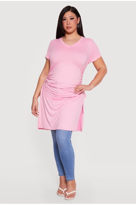 Women's Plus Size Side Ruched Side Slit Tunic Top