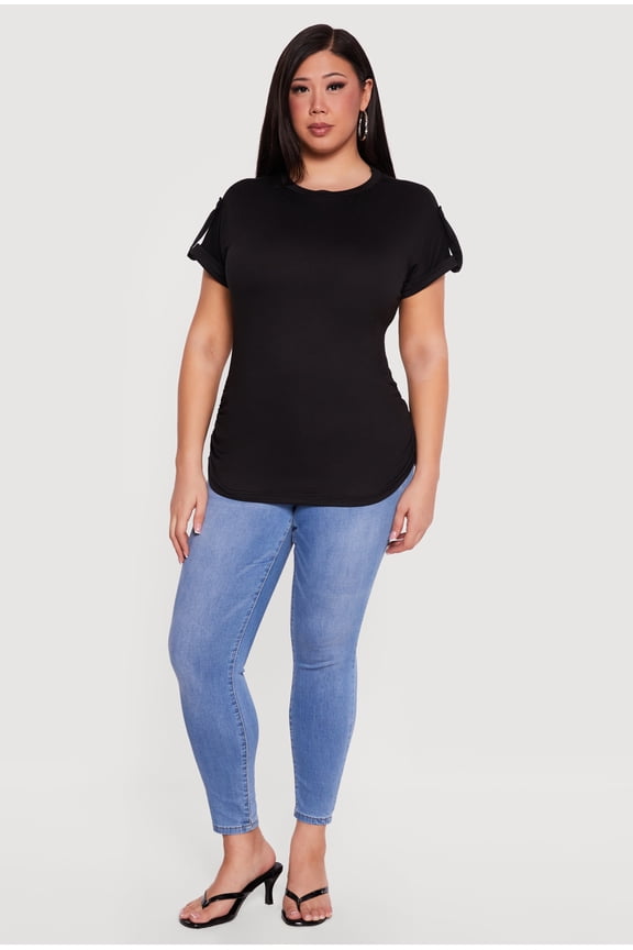 Women's Plus Size Side Ruched Tab Sleeve Tee