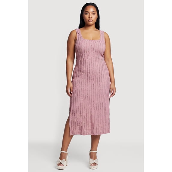 Women's Plus Size Side Slit Textured Knit Midi Dress
