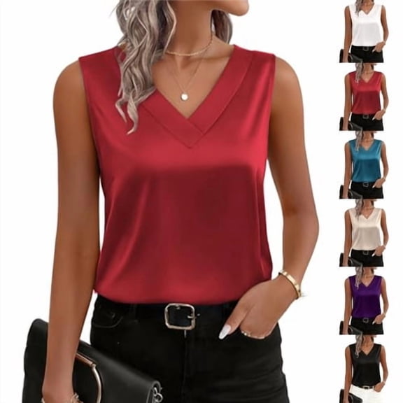Women's Plus Size Silk Satin V Neck Sleeveless Casual Camisole Summer Tunics, Red L
