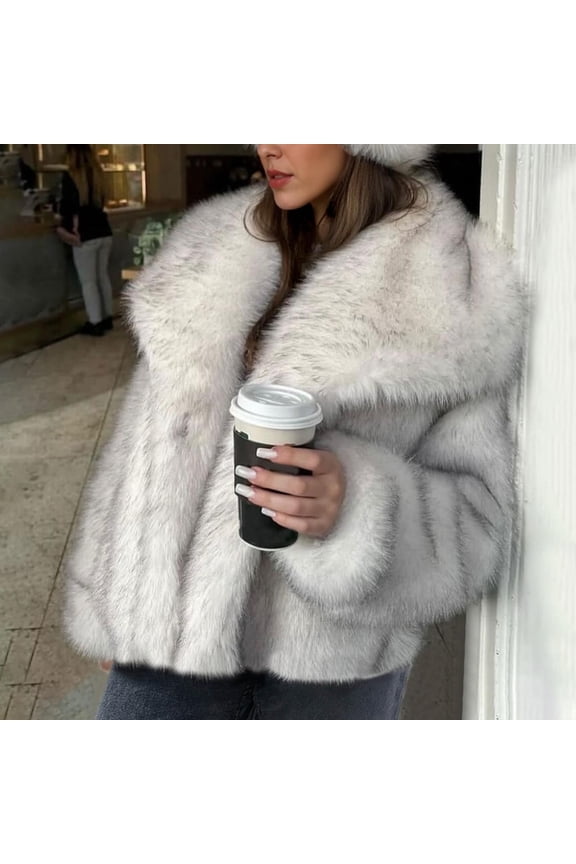 Women's Plus Size Silver Faux Fur Coat with Turn-Down Collar Long Sleeve Warm Winter Outerwear