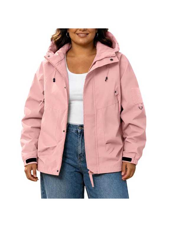 Women's Plus Size Ski Jacket Windproof Waterproof Warm Winter Padded Coat with Pockets Hooded Mountain Snow Thick Outerwear for Cold Weather Pink