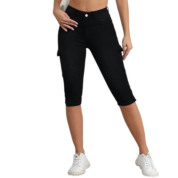 Women's Plus Size Skinny Jeans - Trendy Ripped 7/10 Length Moderate Stretch Pants, Black Size L