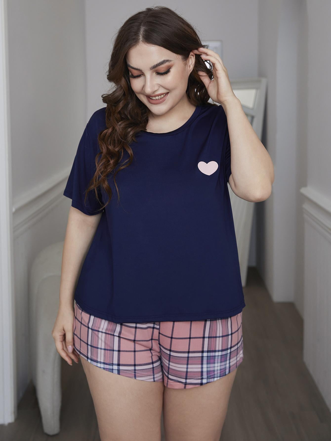 Women's Plus Size Sleepwear Sets Short Sleeves Top with Plaid Shorts