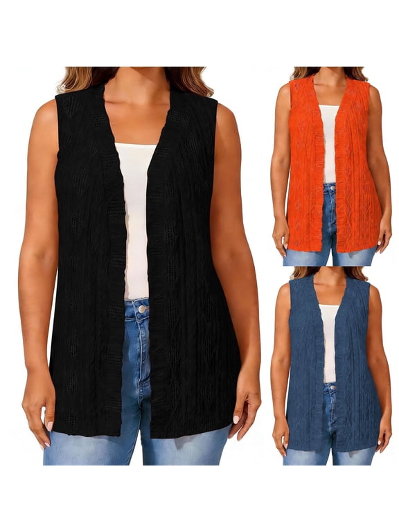 Women's And Women's Plus Open Front Cardigan Sleeveless Tunic Vest Summer & Fall Casual Lightweight Textured Duster Tops