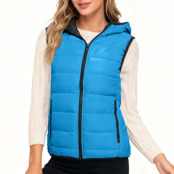 Women's Plus Size Sleeveless Down Vest with Hood, Blue, Size XXXL
