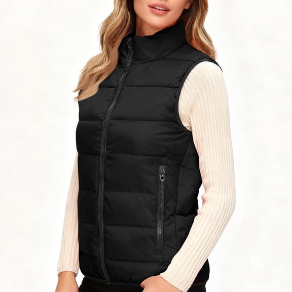 Women's Plus Size Sleeveless Down Vest with Stand Collar, Black, Size XL