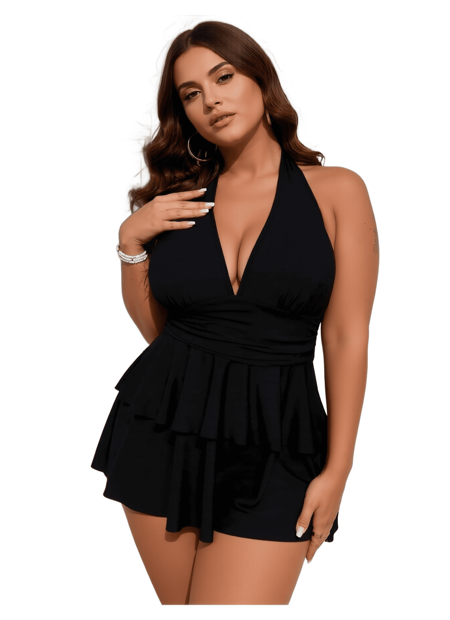 layered swim dress Women's Plus Size Sleeveless Halter Ruffle Bathing Suit Swimwear knee length swim dress