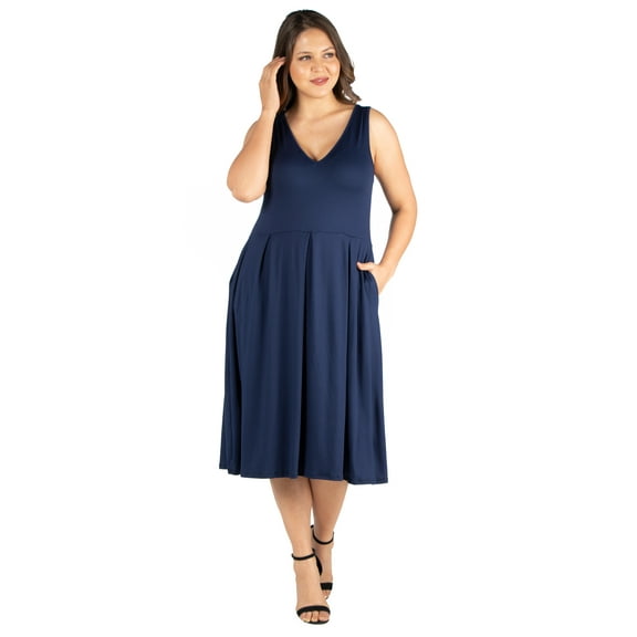 Women’s Plus Size Sleeveless Midi Fit and Flare Pocket Dress