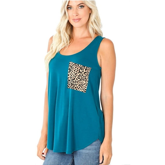 Women's Plus Size Sleeveless Perfect Fit Leopard Print Pocket Top
