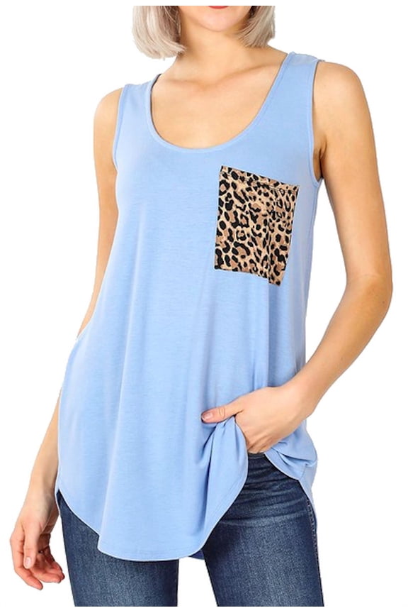 Women's Plus Size Sleeveless Perfect Fit Leopard Print Pocket Top