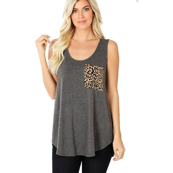 Women's Plus Size Sleeveless Perfect Fit Leopard Print Pocket Top