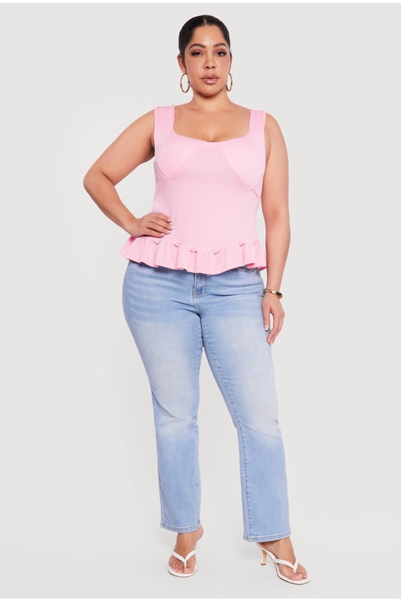 Women's Plus Size Sleeveless Rib Knit Ruffle Hem Top