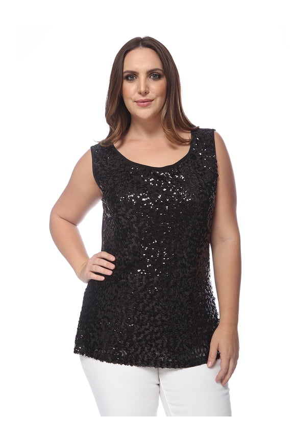 Women's Plus Size Sleeveless Round Neck Sequin Embroidered Metallic Tank Top, Black, XX-Large