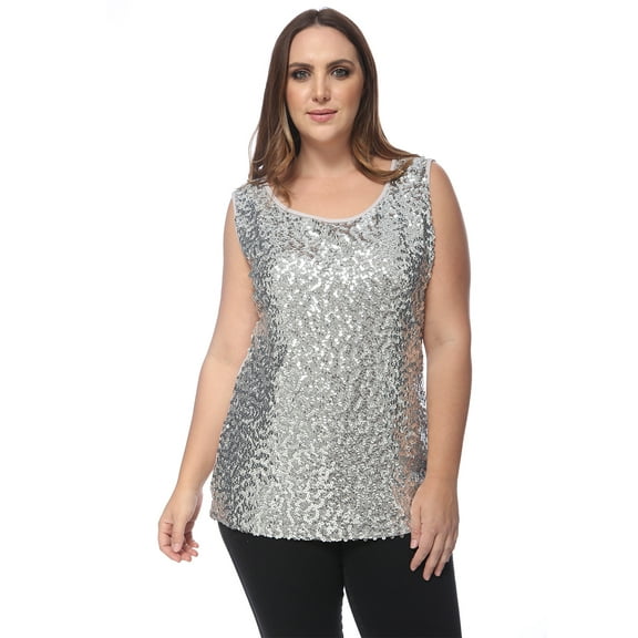 Women's Plus Size Sleeveless Round Neck Sequin Embroidered Metallic Tank Top, Silver, Large