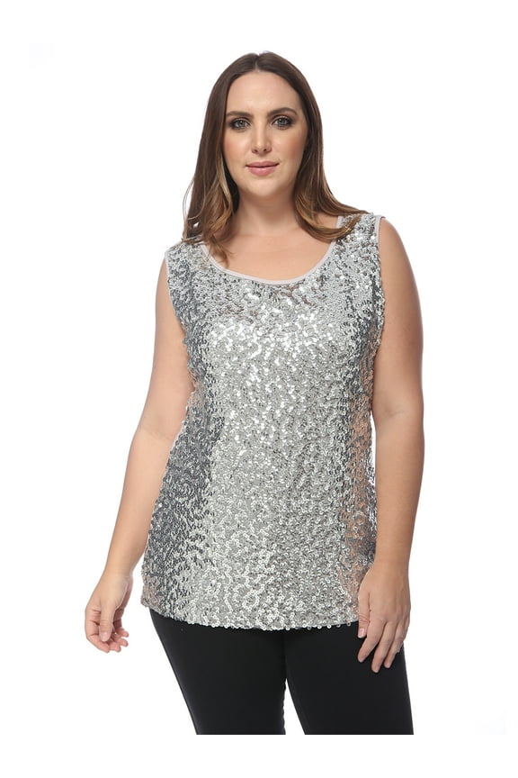 Women's Plus Size Sleeveless Round Neck Sequin Embroidered Metallic Tank Top, Silver, Large