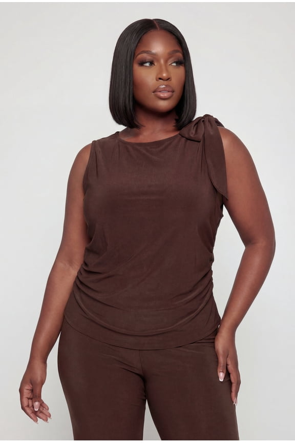 Women's Plus Size Sleeveless Ruched Blouse with Bow Detail