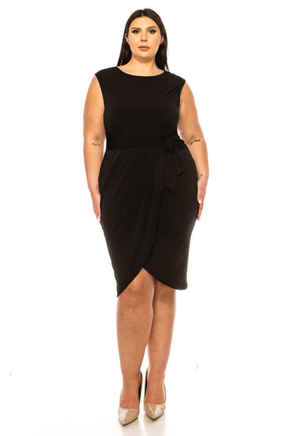 MOA Collection Women's Plus Size Sleeveless Sheath Dress Knife PleatsTulip Skirt Front Sash Detail