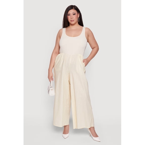 Women's Plus Size Sleeveless Striped Ribbed Knit Jumpsuit