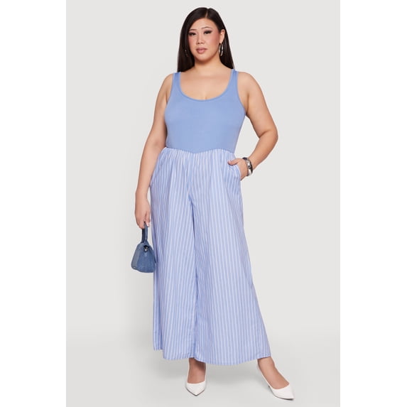 Women's Plus Size Sleeveless Striped Ribbed Knit Jumpsuit