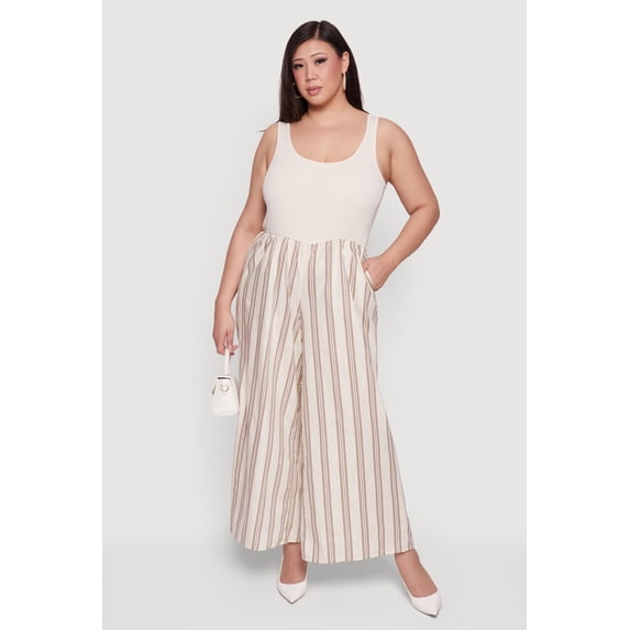 Women's Plus Size Sleeveless Striped Ribbed Knit Jumpsuit