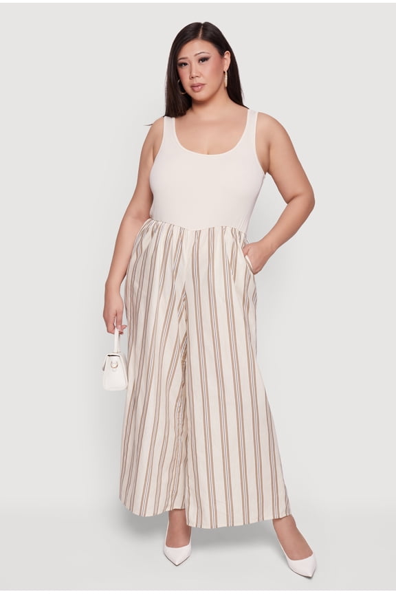Women's Plus Size Sleeveless Striped Ribbed Knit Jumpsuit