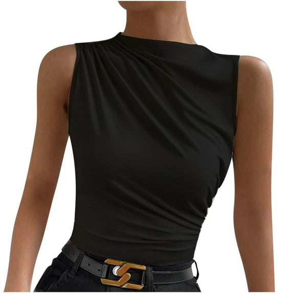Women's Plus Size Sleeveless Tank Top Dressy Casual Mock Neck Ruched Blouses Summer Slim Tanks