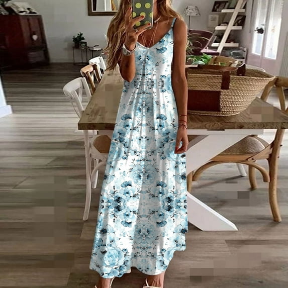 Women's Plus Size Sleeveless V Neck Long Print Dress Casual Summer Under $10