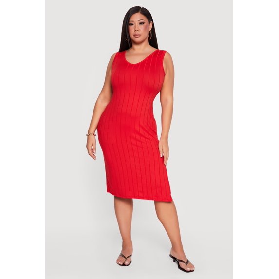 Women's Plus Size Sleeveless V-Neck Ribbed Knit Midi Dress