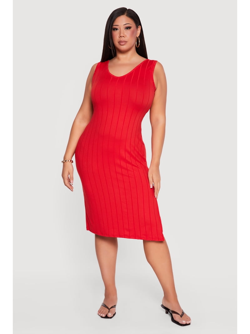 knit midi dress plus size Women's Plus Size Sleeveless V-Neck Ribbed Knit Midi Dress