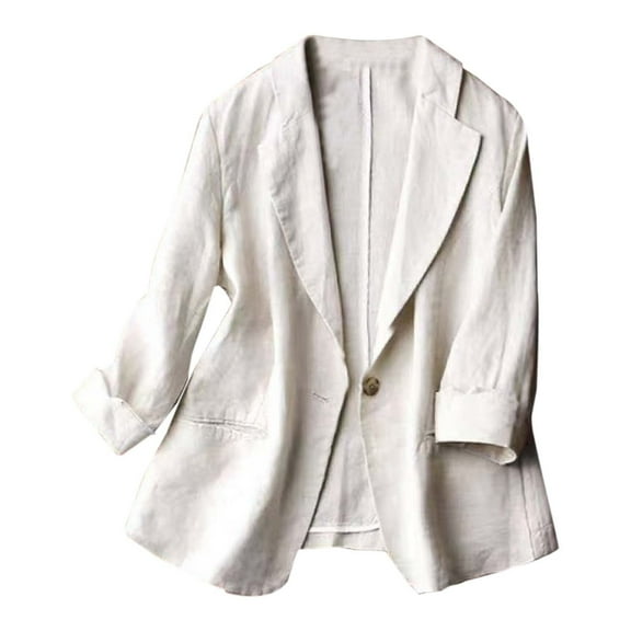 Women's Plus Size Slim Fit Cotton Linen Jacket - 7/4 Sleeve One Button Solid Color Blazer for All Occasions