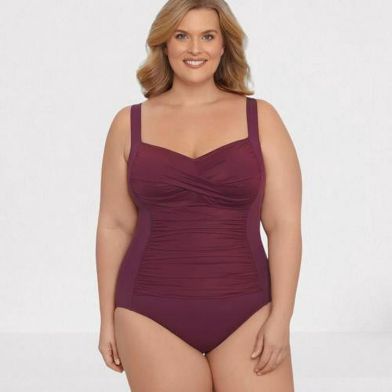 Women's Plus Size Slimming Control Ruched Front One Piece Swimsuit -  Dreamsuit by Miracle Brands Burgundy 22W, Red
