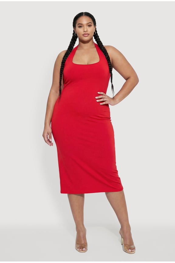 Women's Plus Size Slit Back Midi Halter Dress