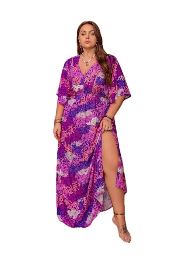 Women's Plus Size Slit Printed Half Sleeve Maxi Dress 100% Viscose With Elegant Flowing Silhouette All Day Comfort