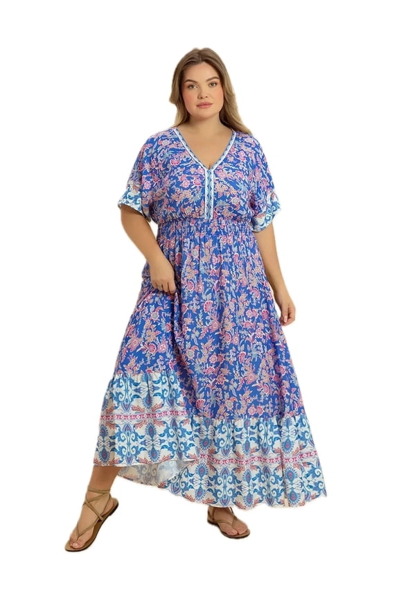 Women's Plus Size Smocked Printed Half Sleeve Midi Dress 100% viscose Fabric Breathable All Day Comfort And Style