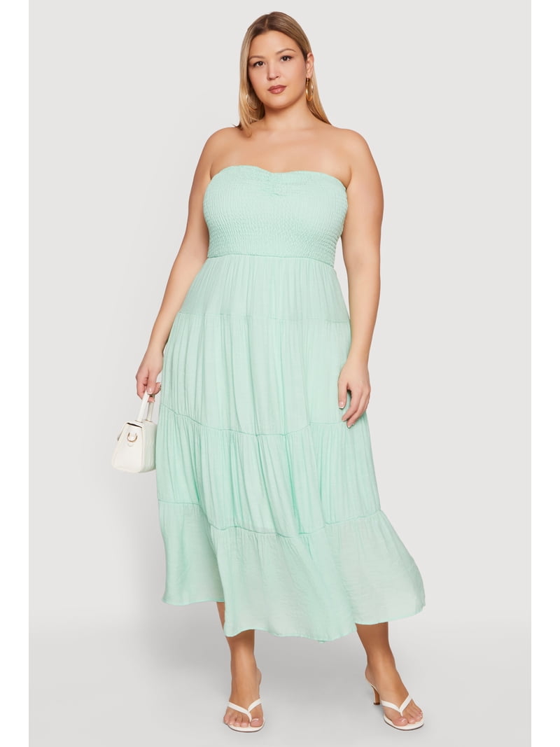 Women's Plus Size Smocked Tube Tiered Gauze Knit Maxi Dress