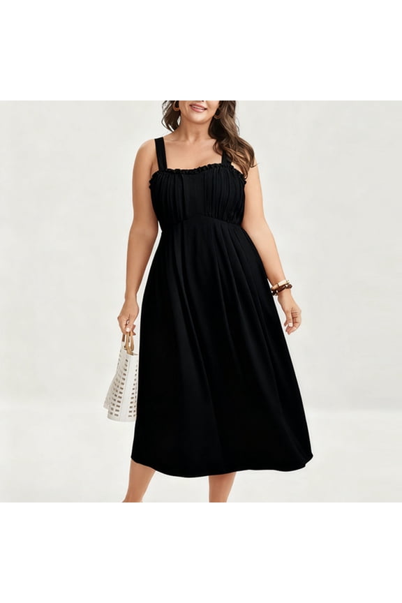 Women's Plus Size Smocked Waist Midi Dress Sleeveless Square Neck Ruched Bodice Flowy A-Line Swing Dress For Summer Vacation Daily Wear