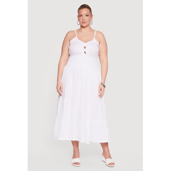 Women's Plus Size Smocked Waist O Ring Keyhole Detail Tiered Midi Dress