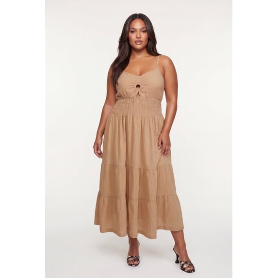 Women's Plus Size Smocked Waist O Ring Keyhole Detail Tiered Midi Dress
