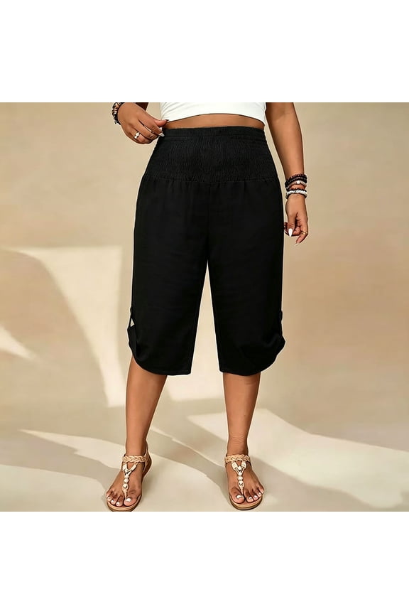 Women's Plus Size Soft Cotton Loose Cropped Pants, Mid Waist Tummy Control Flattering Fit, Casual Comfortable Summer Tapered Leg Pull On Pants for Work Daily | TruHer,Black 3XL
