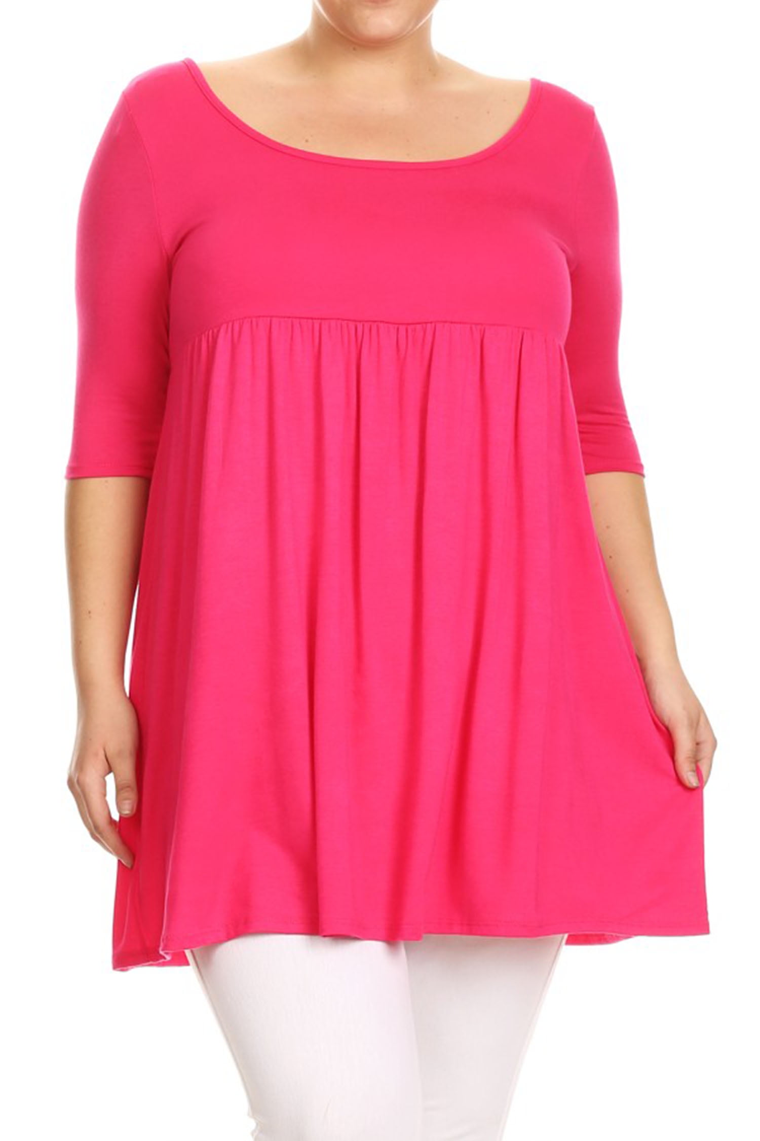 Moa Collection Women's Plus Size Solid 3/4 Sleeve Relax Fit Jersey Knit Tunic Top Dress, Size: 2XL, Pink