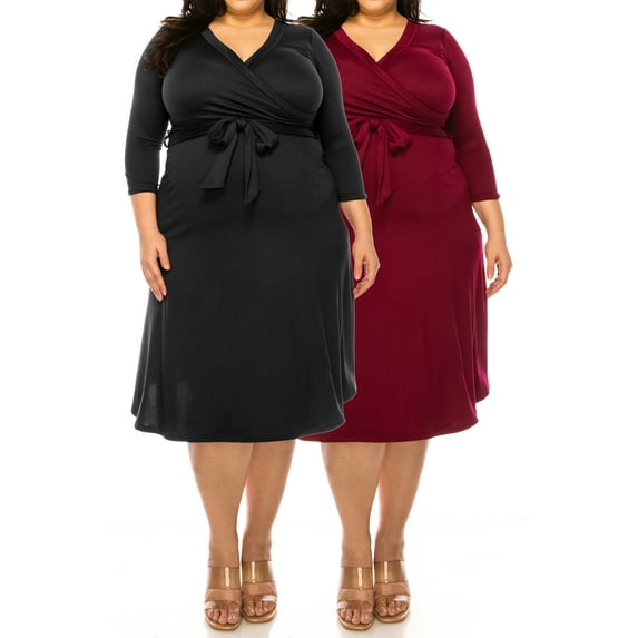 Women's Plus Size Solid 3/4 Sleeve V-neck Faux Wrap A-line Dress with Waist Tie(Pack of 2)
