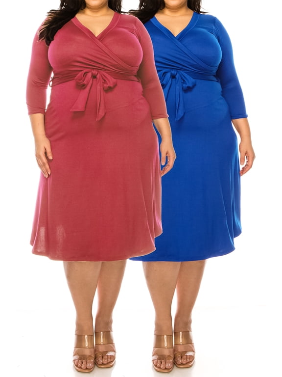 Women's Plus Size Solid 3/4 Sleeve V-neck Faux Wrap A-line Dress with Waist Tie(Pack of 2)