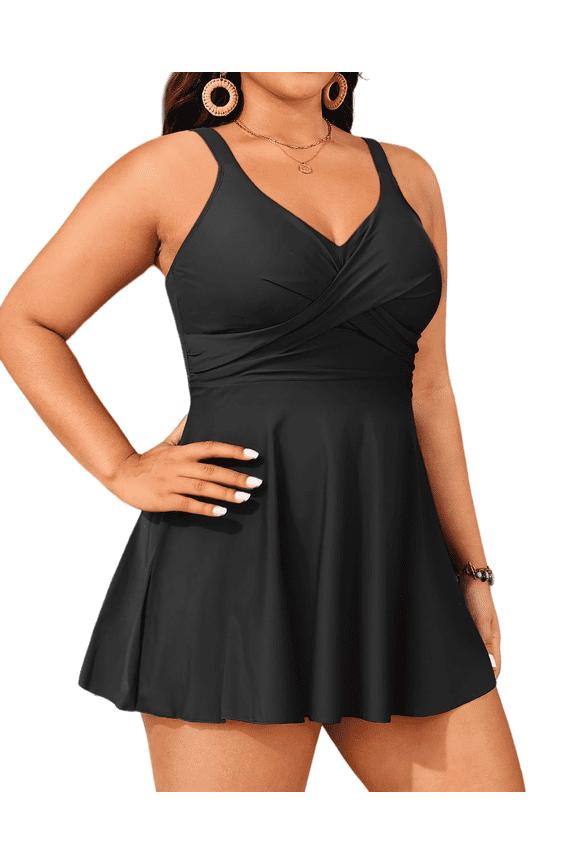 Women's Plus Size Solid Black Cross Wrap V Neck Swim Dress One Piece Swimsuit, Wide Fixed Shoulder Straps Ruched Tummy Control Flared A-Line Skirt Modest Full Coverage Bathing Suit for Beach Pool Cru